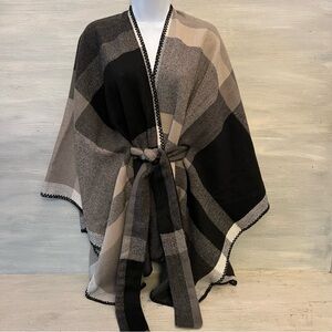 Elegant Taupe Gray Black Check Tie Waist Poncho One Size Like New
